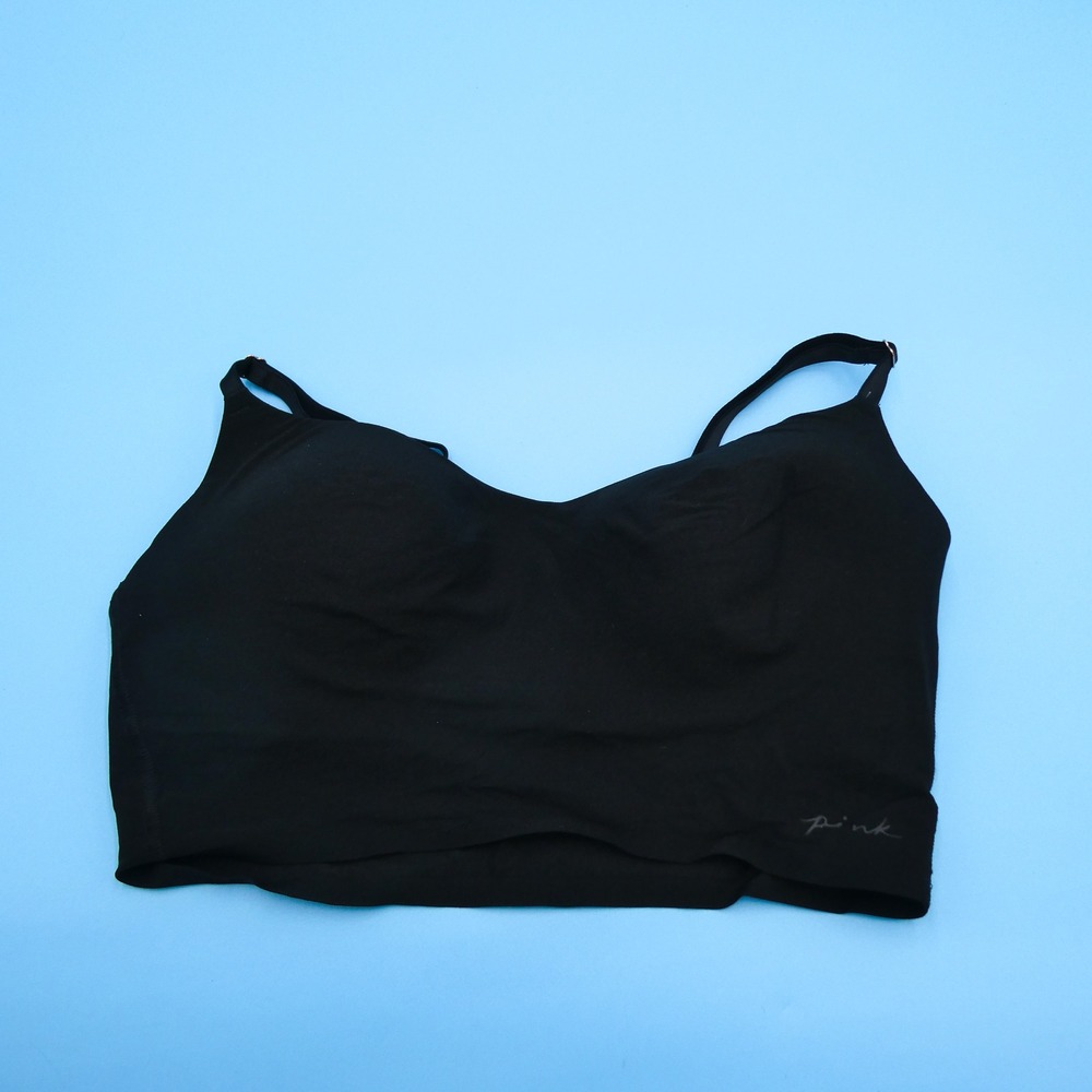 PINK Bralette Womens Medium Wireless Lightly Lined Black Smooth Recycled Nylon